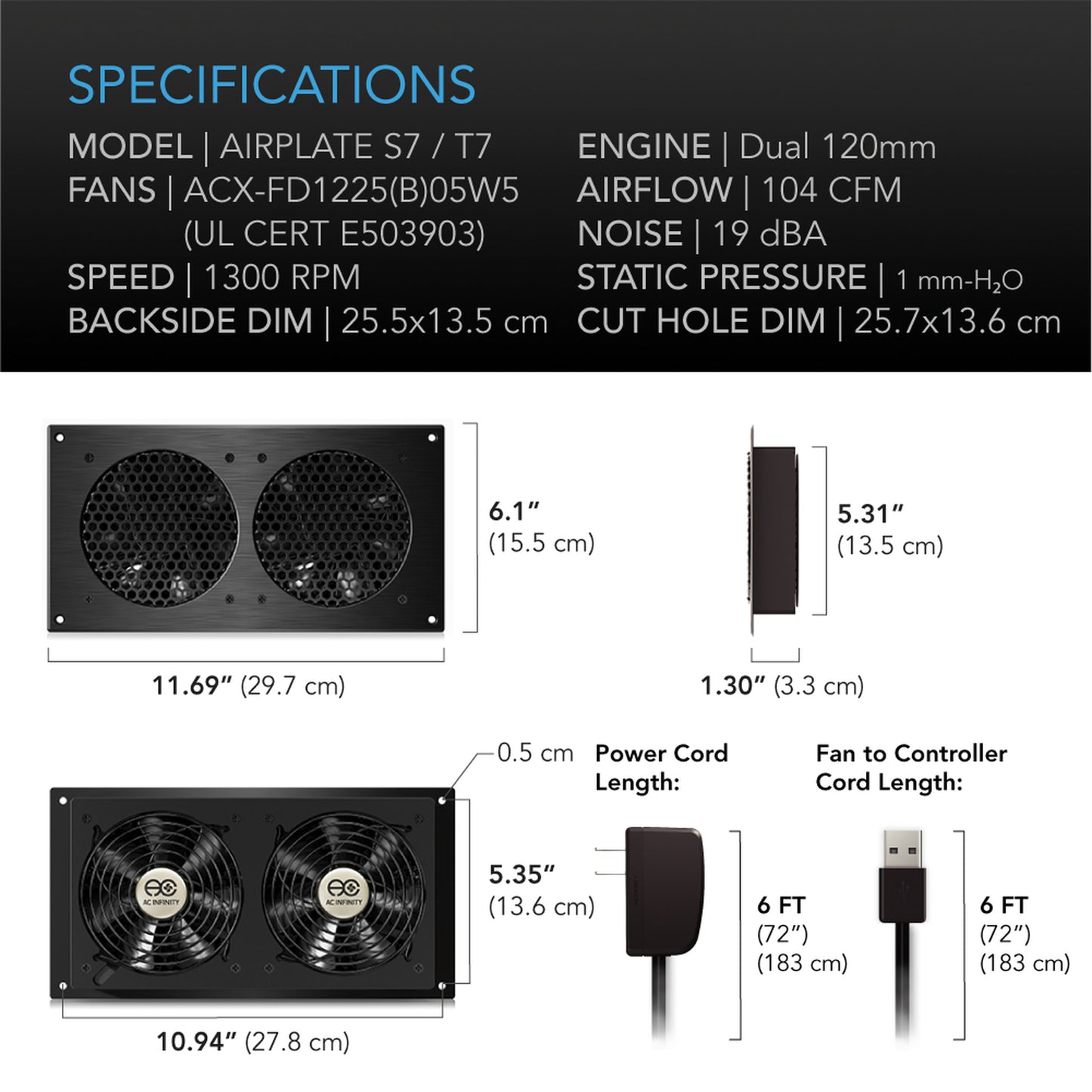 AC INFINITY AIRPLATE T7 HOME THEATER + AV QUIET CABINET COOLING FAN SYSTEM AI-APT7