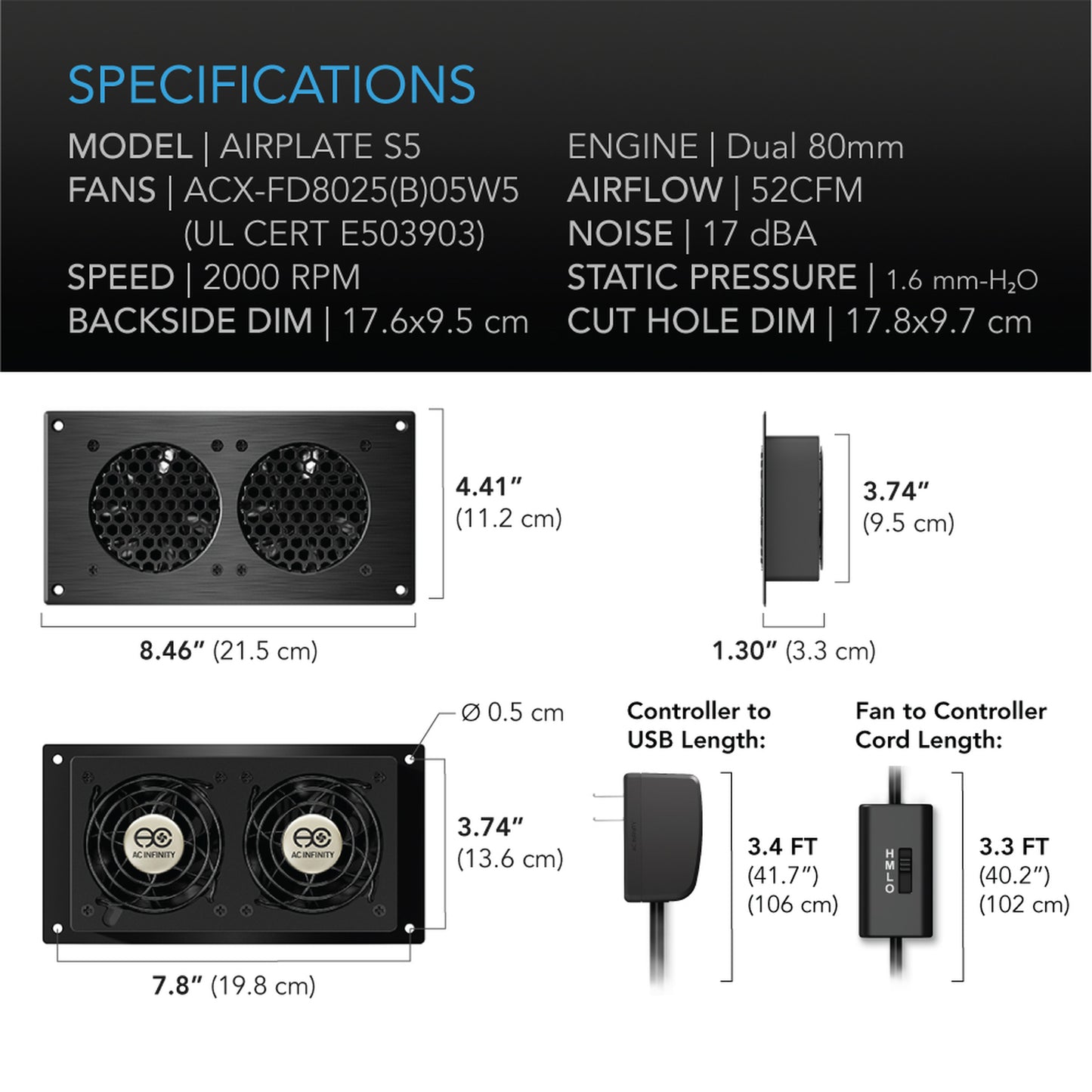 AC INFINITY AIRPLATE S5 HOME THEATER + AV CABINET QUIET COOLING FAN SYSTEM AI-CFD80BA