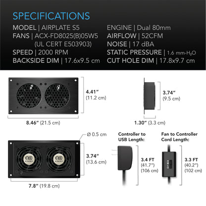 AC INFINITY AIRPLATE S5 HOME THEATER + AV CABINET QUIET COOLING FAN SYSTEM AI-CFD80BA